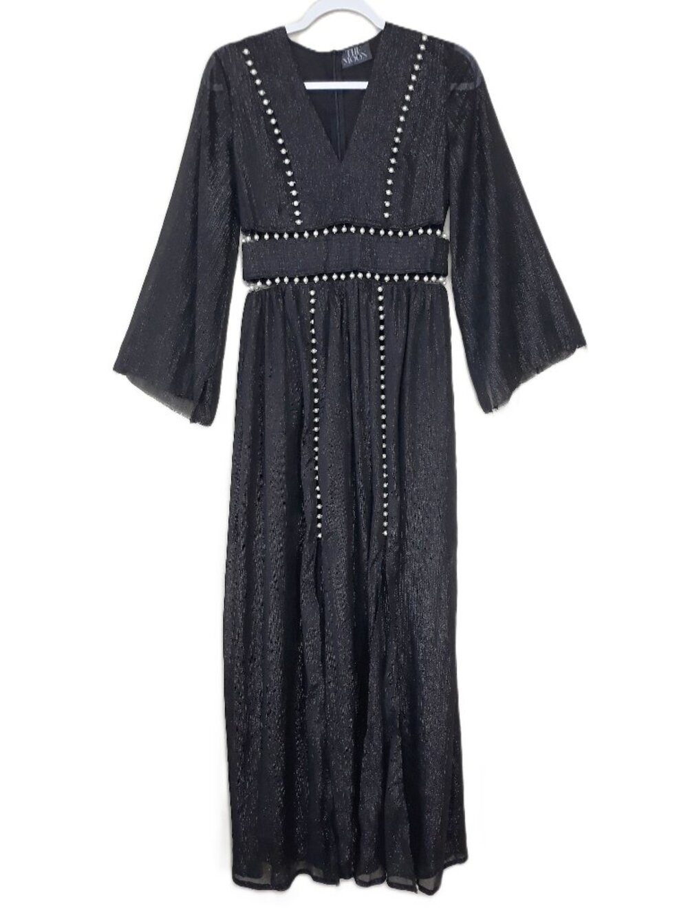The Moon Whimsigoth Metallic Shimmer Black Maxi Dress Pearl Embellished Small